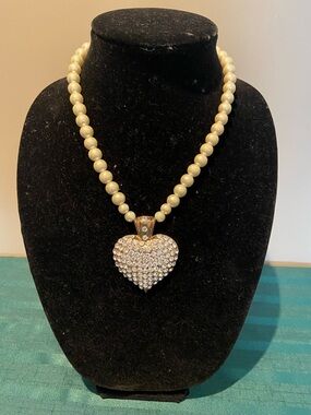 Pearl Bead Necklace with Gold-Tone Pave Heart Pendant